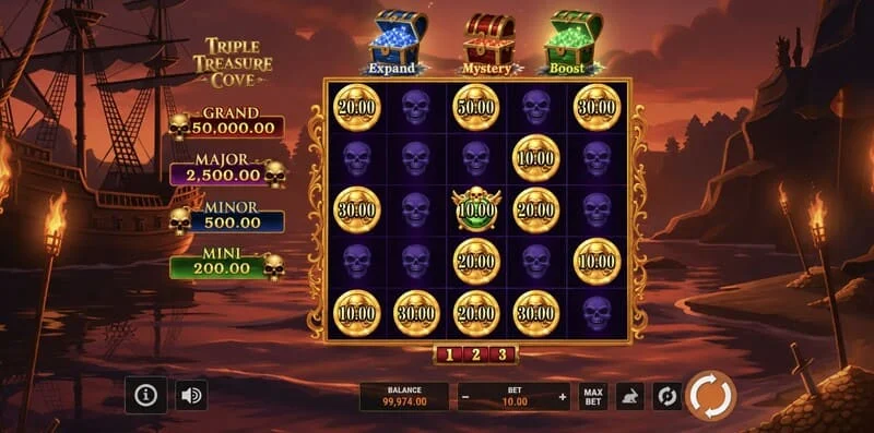 Triple Treasure Cove - hlavní obrazovka s válci a pirátskou zátokou